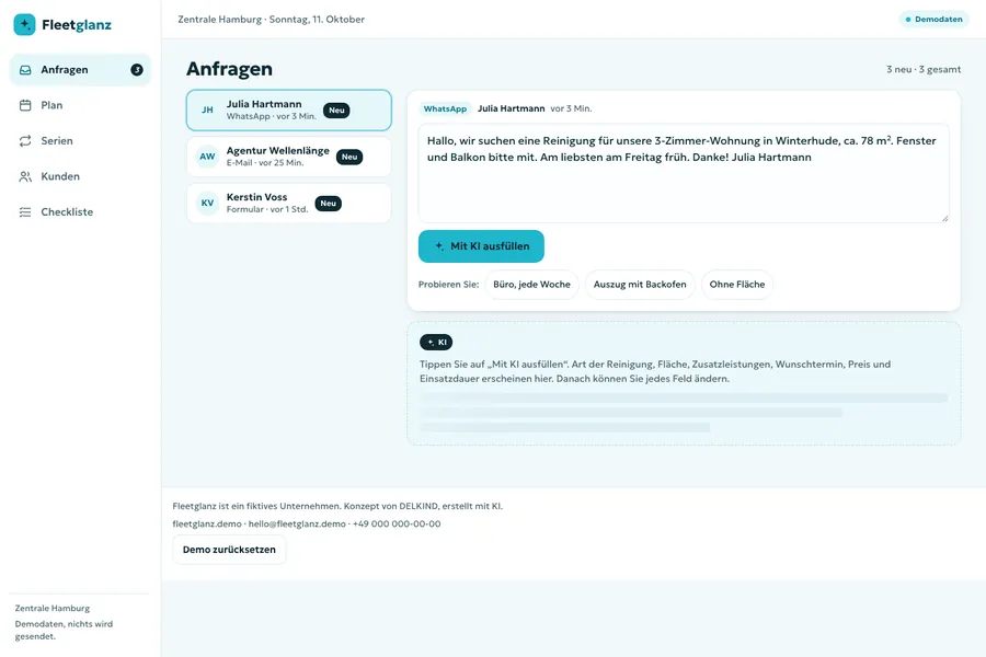 Клининговая компания из Гамбурга. CRM, где AI заполняет заявку из сообщения клиента, бригады встают в недельный график, а повторные уборки планируются сами.