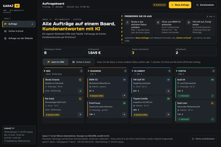 Автосервис в Лейпциге. CRM вместо Excel: заказ-наряды на доске статусов, AI-черновики ответов клиентам и сообщение «машина готова» в один клик.