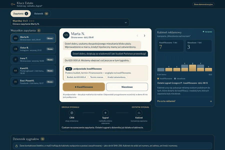Агентство недвижимости в Колобжеге. Надстройка над CRM: менеджер отмечает заявку «квалифицирована» — рекламный кабинет получает сигнал и учится приводить таких же клиентов.