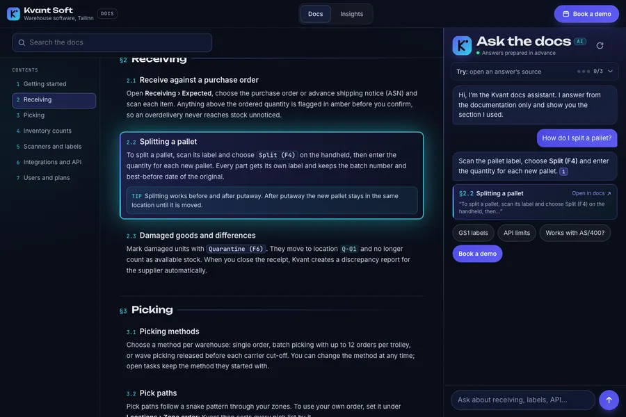 Сервис складского учёта из Таллина. AI-ассистент поддержки отвечает по документации со ссылкой на нужный раздел, а сложный вопрос превращает в тикет или запись на демо.