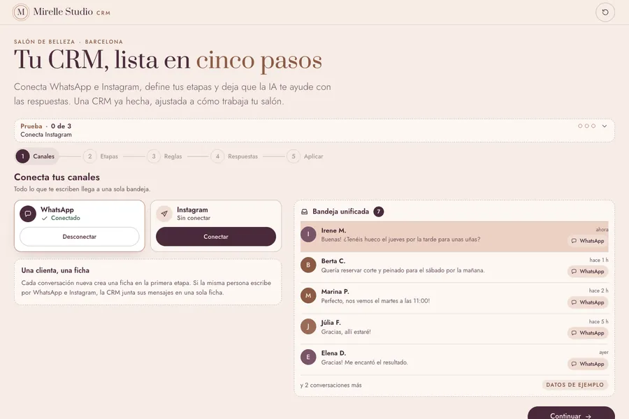 Салон красоты в Барселоне. Настройка готовой CRM по шагам: WhatsApp и Instagram в одну ленту, этапы, правило «думает 2 дня → задача» и AI-черновики ответов, а в конце — готовая доска.