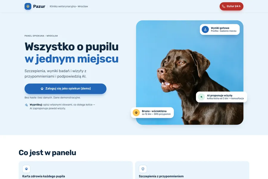 Ветклиника во Вроцлаве. Кабинет владельца питомца: прививки с напоминаниями, анализы и запись, где AI по описанию владельца предлагает причину визита и врача.