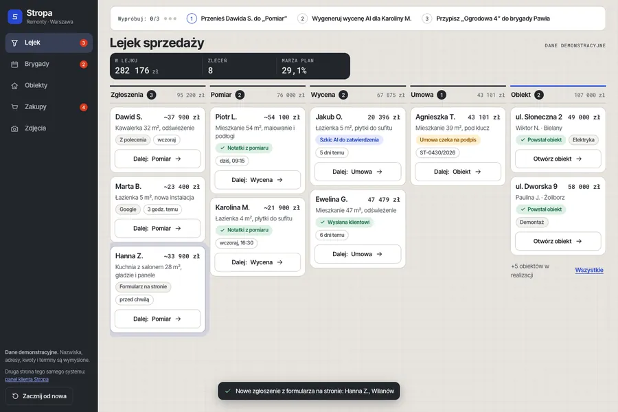Ремонтная компания из Варшавы. Своя CRM для офиса и продаж: заявка, замер, AI-черновик сметы, договор, график бригад, закупка и маржа объекта; фотоотчёты прораба — лентой.